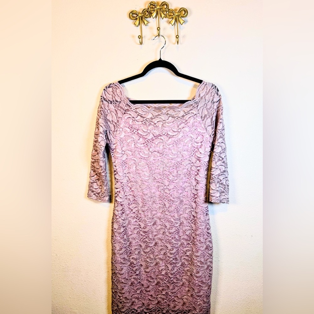 Onyx Dusty Lavender Lace with Sparkle Midi Dress Off the Shoulders. Size 6P